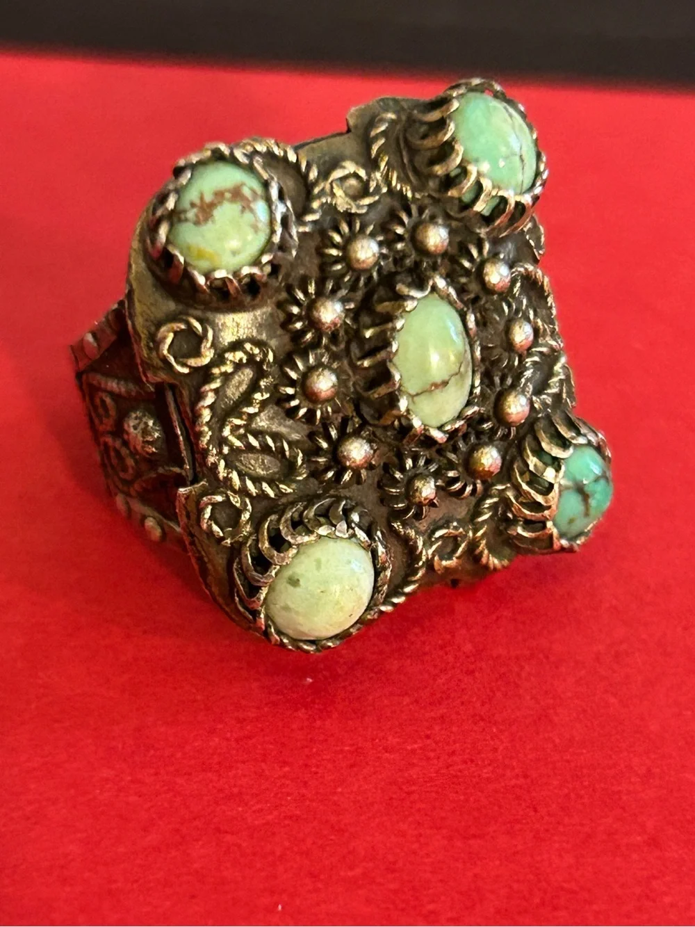 Antique Yemenite Filigree Genuine Turquoise Silver Ornate Ring